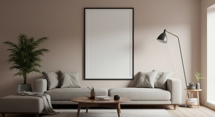 Realistic Interior with Sofa Plant Frame Mockup in Living Room