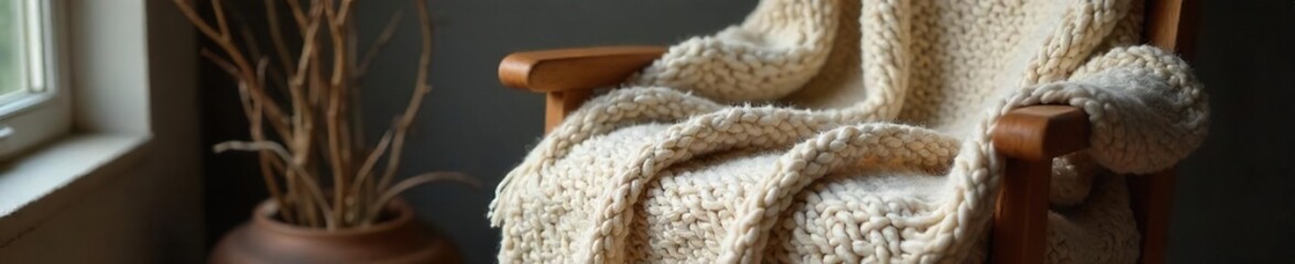 Cozy oversized sweater blanket draped on a rustic wooden chair, soft texture and neutral tones, perfect for chilly evenings , winter, natural