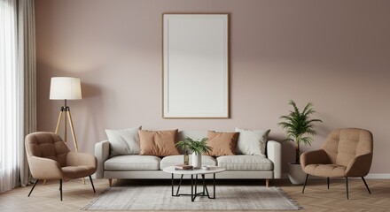 Realistic Living Room Interior Design with Beige Accents Furniture