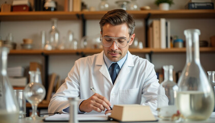 Male scientist working diligently at a laboratory desk with glassware  