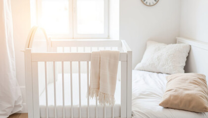 Cozy nursery with white crib and soft bedding during the day  
