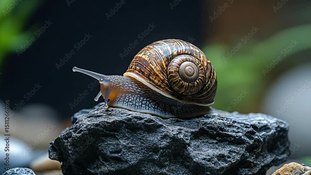 Poster detailed close up of snail with patterned shell resting on stone with textured appearance