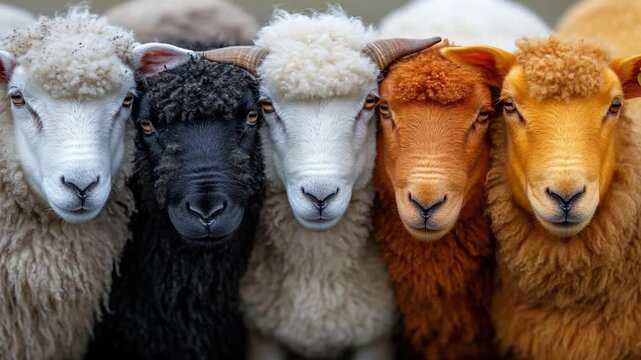 Close Up Of Five Sheep With Various Wool Colors Looking At The Camera