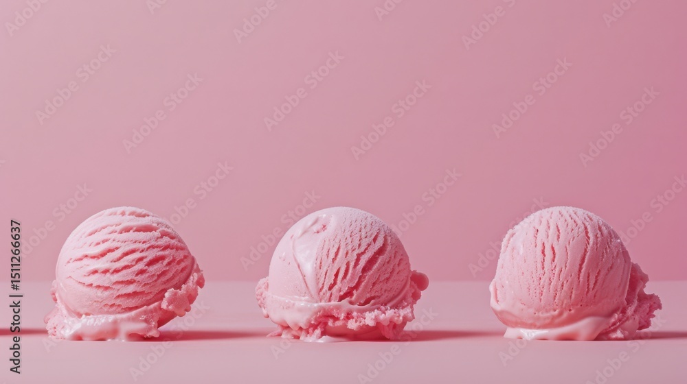 Aufkleber three scoops of pink ice cream lined up against a matching pink background in a studio setting