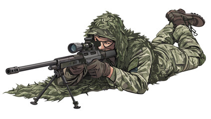 vector soldier lying prone with sniper rifle, covered in camouflage ghillie suit, white background
