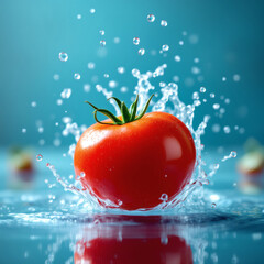 Vibrant Ripe Tomato Splash in Crystal Water &ndash; Premium Food Photography, High-Speed Droplets, Culinary Artistry, Marketing Excellence, Organic Energy, High-Depth-of-Field Detail