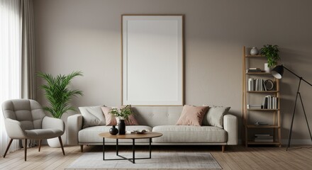 Realistic Living Room Interior with Beige Sofa Plant and Bookshelf