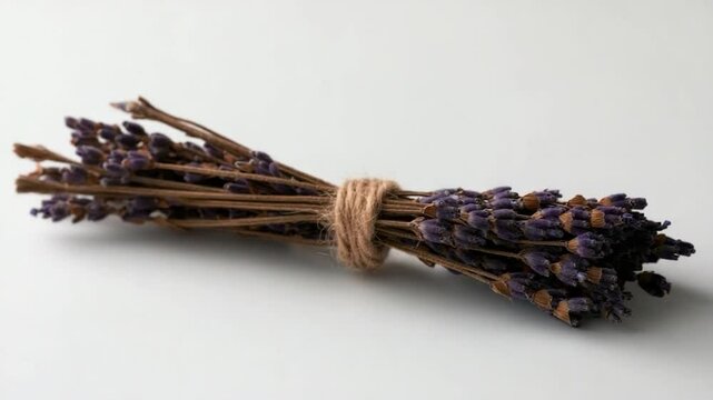 Dried Lavender Bundle with Purple Floral Heads Tied with Natural Twine on White Surface