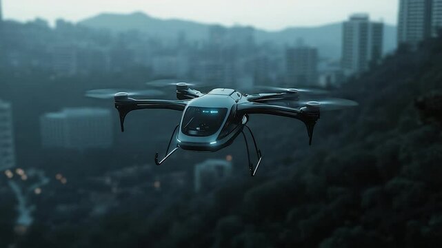 Futuristic Electric Drone Flying Above Urban City With Mountains Backdrop And Movement