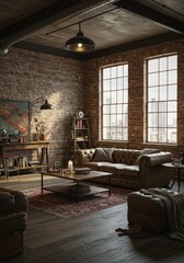 Realistic Living Room Interior with Brick Walls Sunlight and Furniture