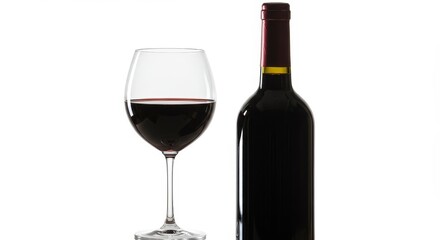 Isolated Wine Glass and Bottle with Red Wine on White Background