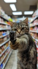 Tabby Cat Holding Gun in Grocery Store Aisle Humorous Surreal Pet Photo
