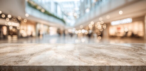 Light beige marble surface atop blurred shopping mall background