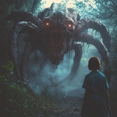 Menacing Monster in Forest Path Child Encounters Giant Creepy Creature