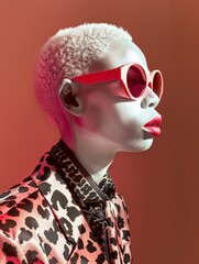 Stylish Woman with Pink Sunglasses Short White Hair Leopard Print Blazer