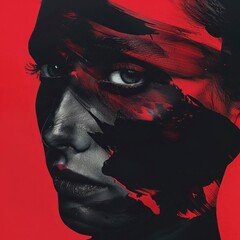 Abstract Female Portrait Red and Black Paint Artistic Makeup Dramatic Expression