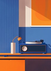 Mid century Modern Room Interior with Blue Record Player Lamp and Orange Accents