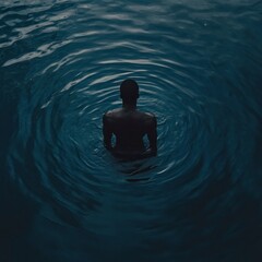 Solitary Man Submerged in Dark Water Mysterious Aquatic Scene Back View