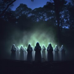 Mysterious Hooded Figures in Eerie Night Forest Supernatural Gathering Spooky Ritual