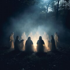 Mysterious Figures in a Nighttime Forest Ritual Glowing Embers Hooded Cloaks