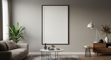 Realistic Living Room Interior With Frame Poster Plant And Furniture