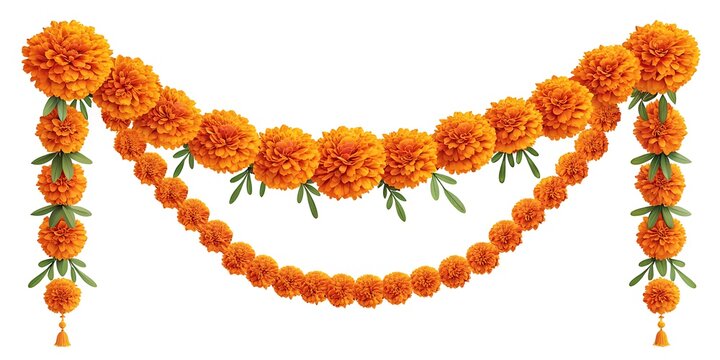 Handcrafted marigold flower garland with green leaves, traditional Indian toran for pooja, temple, and festive decoration on white background