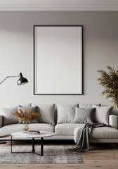 Realistic Living Room Interior with Gray Couch Frame Plant Table