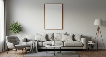 Realistic Living Room Interior with Gray Sofa and Blank Frame