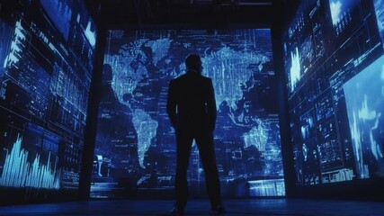 Global strategy business man analysing data screens in a dark control room - Powered by Adobe