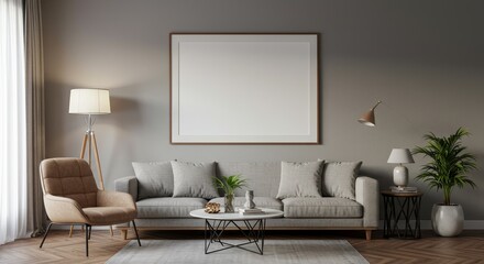 Realistic Living Room Interior with Gray Sofa and Minimalist Design
