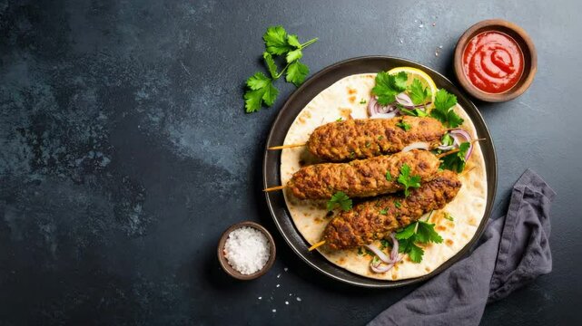Delicious chicken kefta served on a plate with tasty sauce accompanied by fresh vegetables