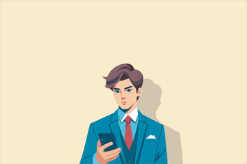 Illustration of a young businessman holding a smartphone. Vector illustration.