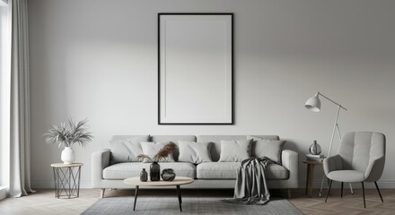 Realistic Living Room Interior With Gray Sofa Mockup and Blank Frame