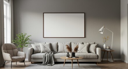Realistic Living Room Interior with Gray Sofa Mockup And Daylight