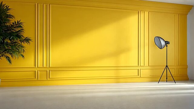 Bright Yellow Studio Room with Plant and Lighting Equipment