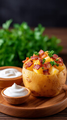 Steaming hot baked potato stuffed with crispy bacon.