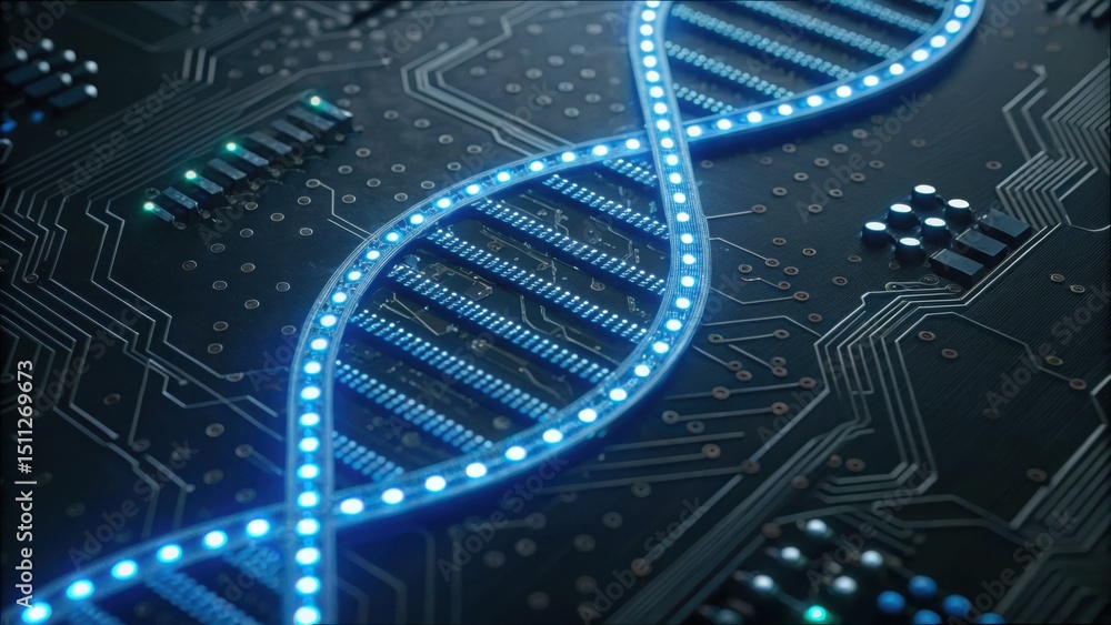 Poster circuit board design featuring spiral rna and mrna elements with lights