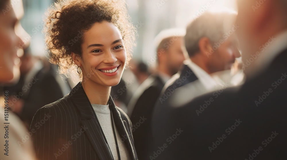 Poster professional female networking at corporate event with smiling attendee
