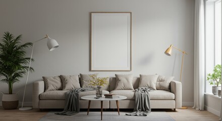 Realistic Living Room Interior with Modern Furniture and Frame Artwork