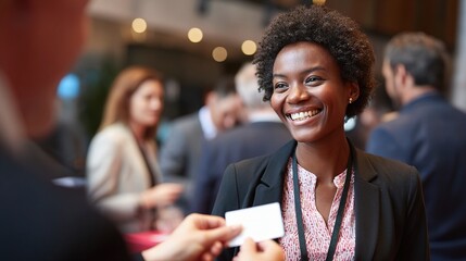 Professional Woman Distributing Business Cards at Networking Event