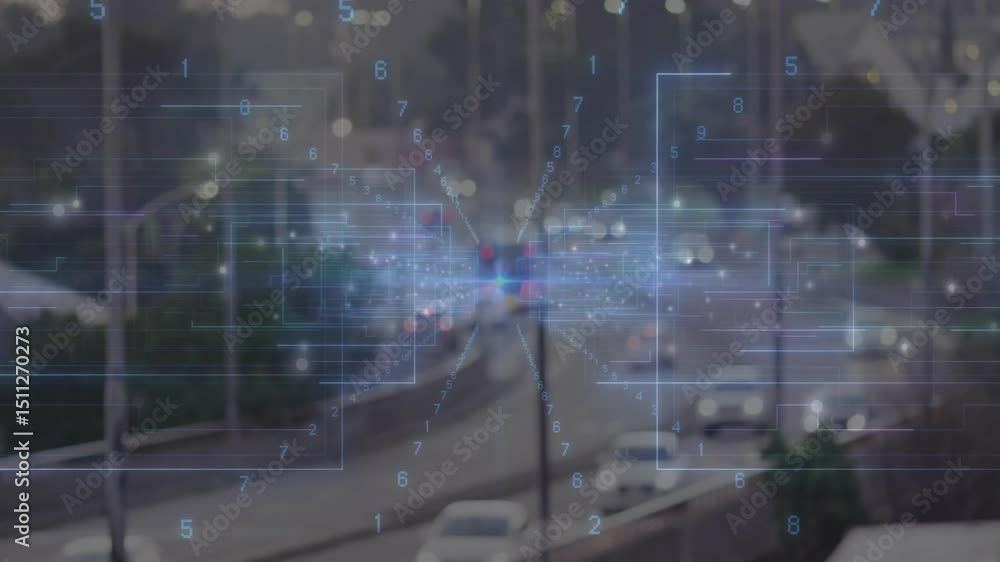 Poster holographic data network forming over highway pulsing node and sending lines showing traffic flow