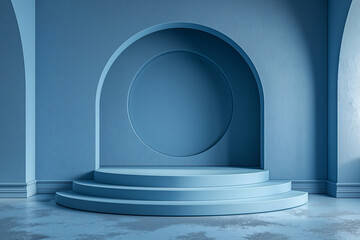 A blue room with a blue archway and a blue circle in the middle