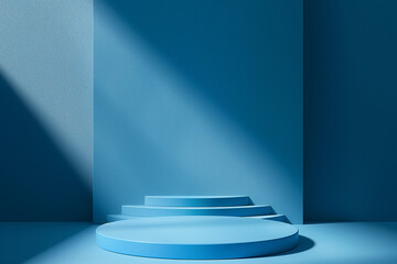 A blue stage with a blue wall behind it