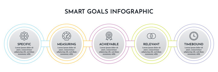 SMART Goals Diagram Infographic Template For Strategic Goal Presentation Are Specific, Measurement, Achievable, Relevant, And Time-Bound. Icons And Diagrams Chart. Personal And Business Goals Setting.