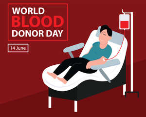 illustration vector graphic of a man is receiving a transfusion from a blood bag, perfect for international day, world blood donor day, celebrate, greeting card, etc.