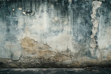 Aged weathered plaster wall, dark tones, peeling paint, textured, rustic, with a flat floor