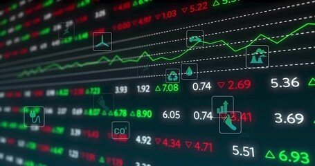 3D grid scrolling on new data arriving showing values changing and icons highlighting eco metrics - Powered by Adobe