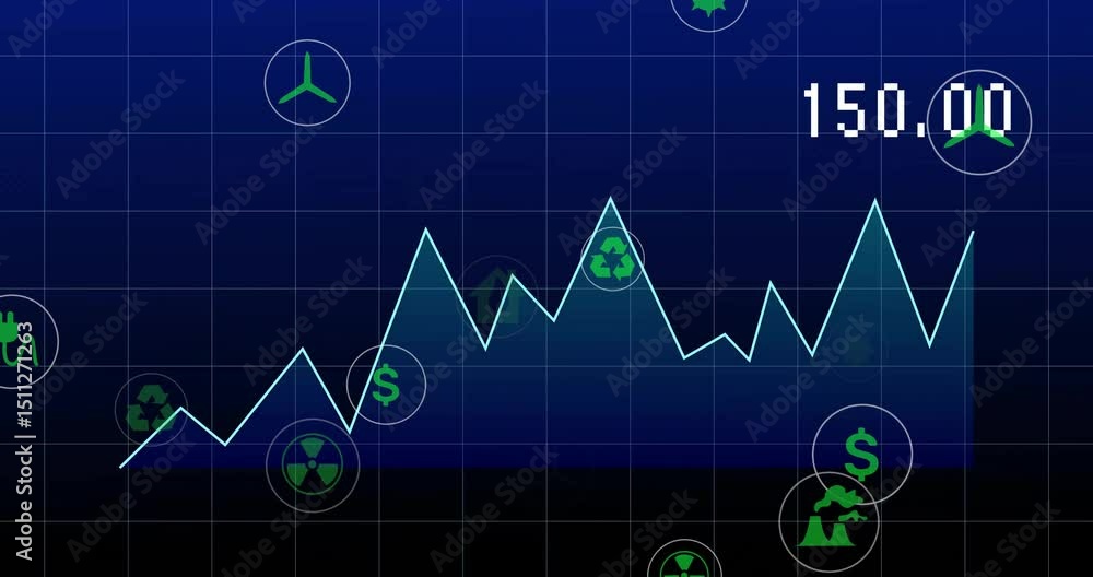 Poster green icons drifting polyline climbing grid showing energy trends intersecting icons updating count