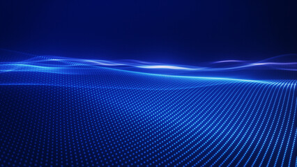 Glowing blue wave surface formed by digital dots, futuristic 3D grid texture