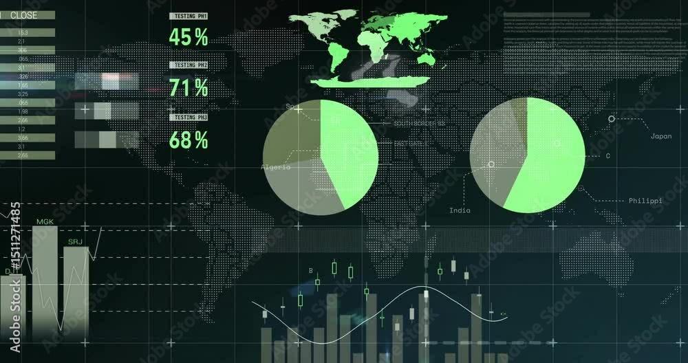Poster dashboard launching multiple charts and tables as map grid background animating data initialization